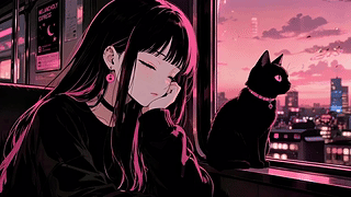 粉紫黄昏窗边少女与黑猫