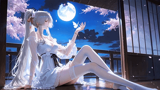 月夜樱下银发少女