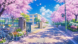 樱花盛放的校园街角