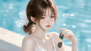 泳池边的清爽少女