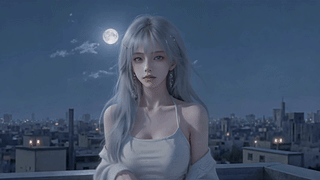 月夜天台银发少女