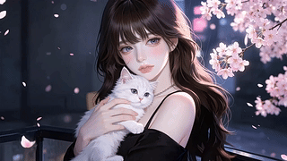 樱花雨夜少女与猫
