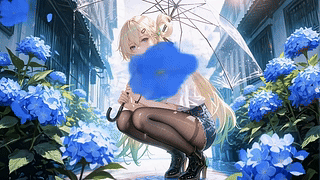 雨巷绣球旁的金发少女