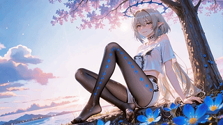 樱花树下闲坐少女