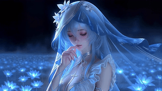 幽蓝花野的纱裙少女