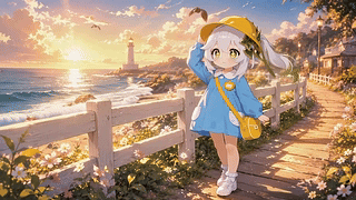 海滨日落散步少女