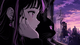 紫调黄昏窗边少女与黑猫
