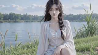 湖畔素衣少女