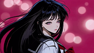 玫红背景黑发紫瞳少女