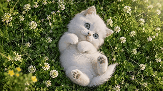 草地白花间的蓝眼奶猫