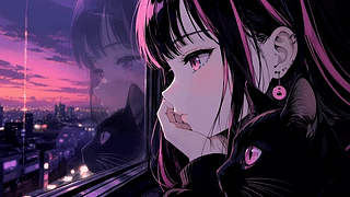 暮色窗边少女与黑猫