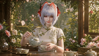 花院闲斟茶的银发少女