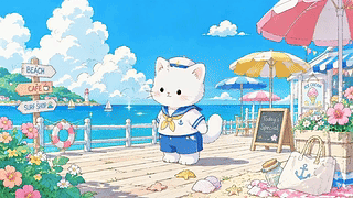 海滨栈道的水手小猫