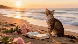 落日海滩的猫咪时光