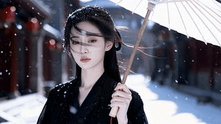 落雪古街执伞佳人