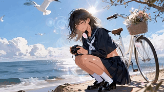海边暖阳下的水手服少女