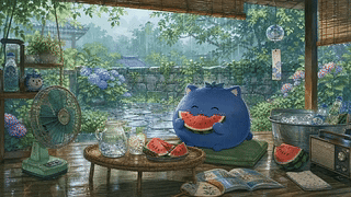 在凉亭下躲雨吃西瓜
