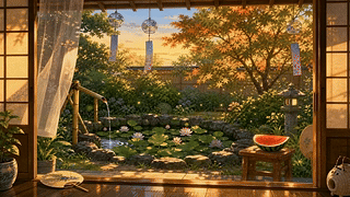 夏季荷塘庭院黄昏