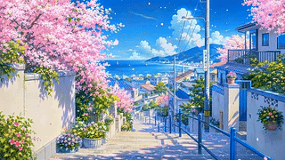 樱花滨海春日小镇风光