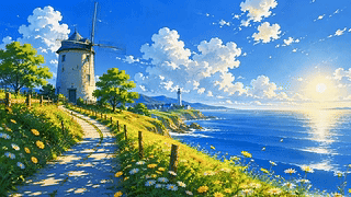滨海晴天风车风景