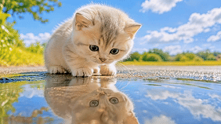 好奇小奶猫看水中倒影