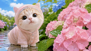 绣球花旁的粉色雨衣小猫