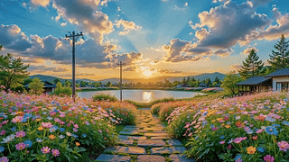 湖畔夕阳花海小径