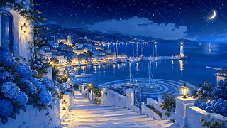 静谧月夜滨海小镇