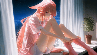 窗边月夜粉发少女