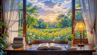 窗畔闲看花海落日