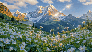 雪山下的纯白花海