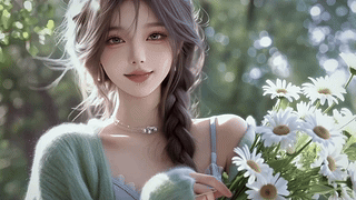 阳光林间持花少女