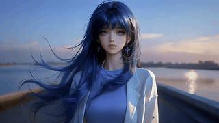 蓝发少女的江边黄昏