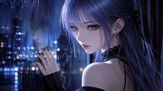 雨夜窗边的紫发少女