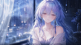 窗边雨夜紫发少女
