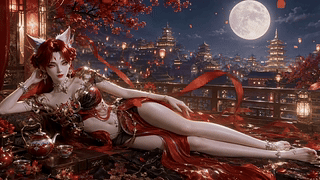 红裳狐耳少女月夜休憩