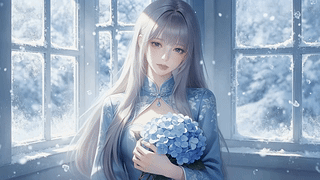 冬日窗边捧花少女