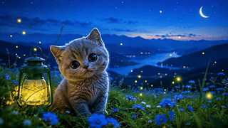 星空月夜小猫提灯