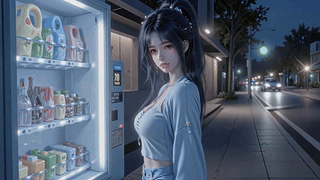 夜色街头贩卖机旁少女