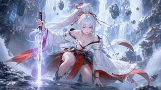 瀑下持剑白发女剑士
