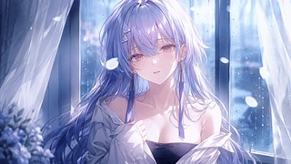 雨天窗边蓝发少女