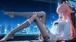 夜幕窗边粉发少女