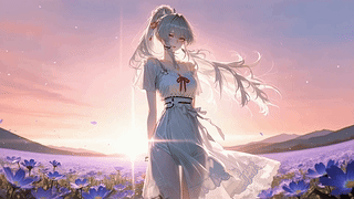 花海日落银发少女