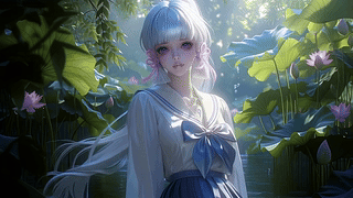 荷塘边的银发少女