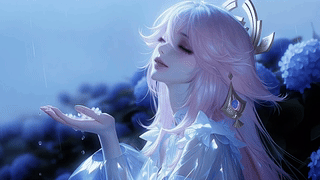 雨天里的温柔粉发少女