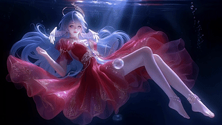 幽蓝深海中的红裙少女