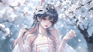 樱花下面具古风少女