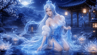 冰蓝月夜水畔佳人