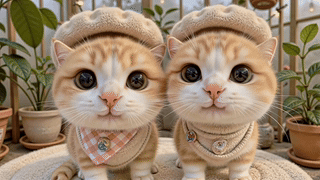 戴贝雷帽的两只小橘猫