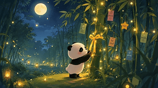 月夜竹林可爱熊猫